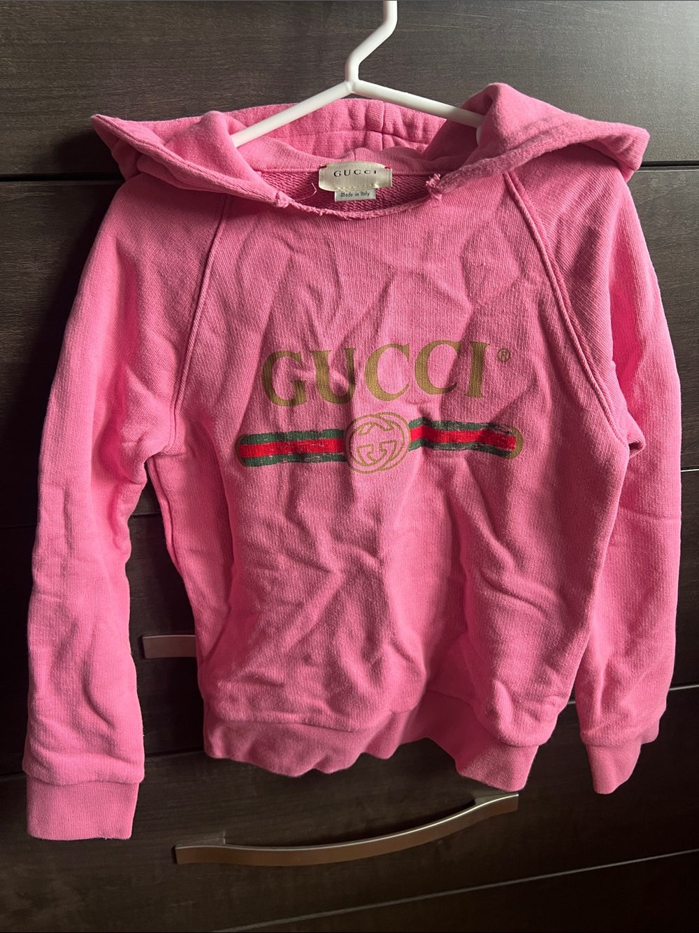 Gucci Pink Logo Hoodie with Gold and Green-Red Stripe